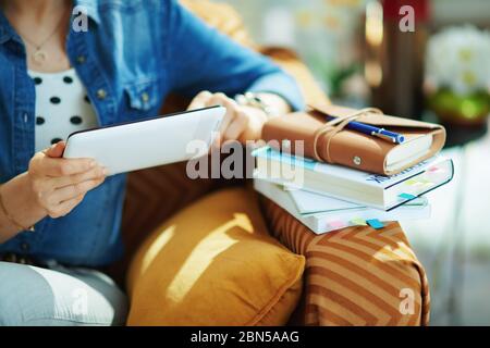 Primo piano su donna in jeans camicia con tablet PC studio online in soggiorno in giorno di sole. Foto Stock