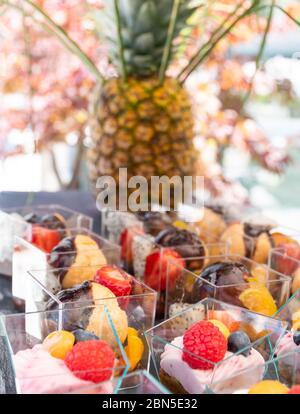 Buffet di cibi da bar a bordo piscina, durante il brunch dell'hotel, catering in giardino, evento di blogger, banchetti, matrimoni, festosi dessert dolci celebrati Foto Stock