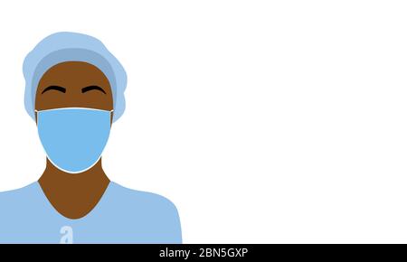Illustrazione vettoriale di un infermiere nero, medico o operatore sanitario che indossa una cuffia con elastico sui capelli e una maschera chirurgica. La donna indossa scrub. Illustrazione Vettoriale