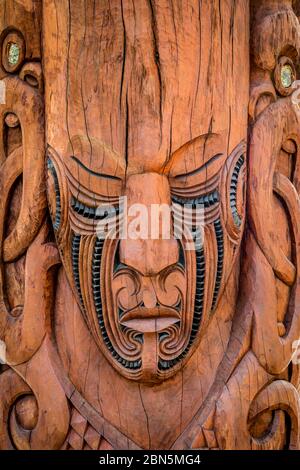 Viso, maschera scolpita, scultura del Maori, te Puia, Whakarewarewa, Rotorua, Baia dell'abbondanza, Nuova Zelanda Foto Stock