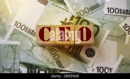 CEO scritto su un cubo di legno su 100 fatture di euro. Lettere significa Chief Executive Officer. Concetto di gestione aziendale Foto Stock