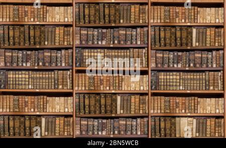 Immagine sfocata e sfocata di vecchi libri di antiche librerie su scaffali per l'uso in video conferenza di sfondo Foto Stock