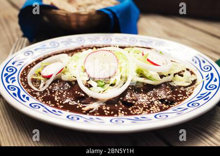 Enchiladas con salsa mole, tradizionale cibo messicano a Puebla Messico Foto Stock