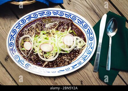 Enchiladas con salsa mole, tradizionale cibo messicano a Puebla Messico Foto Stock