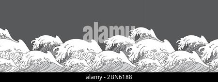 Giappone oceano onda acqua senza giunture sfondo vettore illustrazione. Stile asiatico Orientale, design artistico a linea singola. Illustrazione Vettoriale