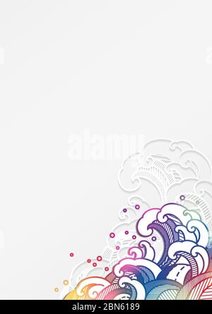 Colorata onda d'acqua orientale isolata su sfondo bianco in stile carta tagliata. Illustrazione Vettoriale
