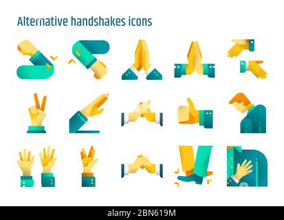 Handshake alternativo conetta le icone piatte del vettore. Saluto creativo evitare Coronavirus 2019-nCov, Covid-19. Illustrazione Vettoriale