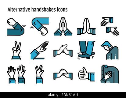 Set vettoriale icone linea colore handshake alternativo. Saluto creativo evitare Coronavirus 2019-nCov, Covid-19. Illustrazione Vettoriale