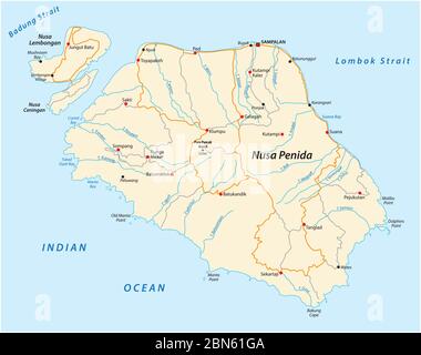 Mappa vettoriale dell'isola indonesiana di Nusa Penida situata a est di Bali Illustrazione Vettoriale