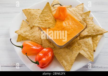 salsa habanero, salsa de chilles habaneros, piccante maturo habanero peperoncino piccante cibo messicano in messico Foto Stock