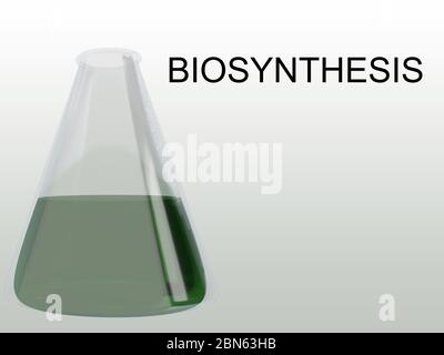 Illustrazione 3D dello script DI BIOSINTESI con un fluido verde in un matraccio di erlenmeyer, isolato su gradiente grigio. Foto Stock