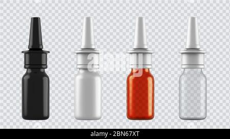 Flaconi realistici per farmaci, compresse, gocce e spray, ecc. contenitori medicali in bianco di plastica 3d isolati su sfondo trasparente. Vettore Illustrazione Vettoriale