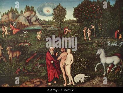 LUCAC CRANACH IL MAGGIORE (c 1472-1553) pittore tedesco. Il suo dipinto del 1534 di Adamo ed Eva in Paradiso Foto Stock