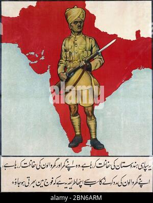 India: 'Questo soldato è Defending India', primo poster di reclutamento della guerra mondiale, The Times Press, Bombay. L'esercito indiano durante la prima guerra mondiale contribuì Foto Stock