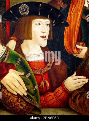 Germania / Spagna: Dettaglio di un ritratto di un giovane Carlo V (1500-1558), 30esimo imperatore romano, dipinto a olio su legno di Bernhard Strigel (1461-1528), Foto Stock