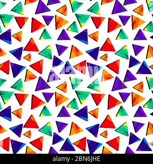 Triangoli colorati. Ripetizione senza giunture. Divertenti triangoli multicolore per cartoni animati per sfondo, imballaggio, strati, elementi di design, carta da parati, carta da imballaggio Illustrazione Vettoriale