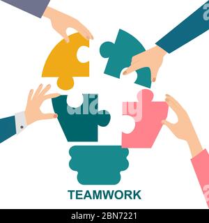 Lavoro di squadra e innovazione. Le mani della gente che fanno la lampadina dai pezzi del puzzle. Illustrazione vettoriale in stile piatto Illustrazione Vettoriale