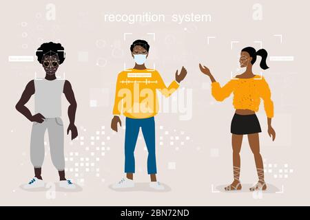 Riconoscimento di viso, voce, andatura e pattern. Rete neurale, persone diverse, riconoscimento in pieno viso, profilo, con occhiali e maschera medica. Illustrazione Vettoriale