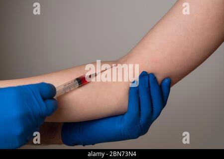 un medico che utilizza guanti monouso preleva il sangue dalla vena del paziente per l'analisi Foto Stock