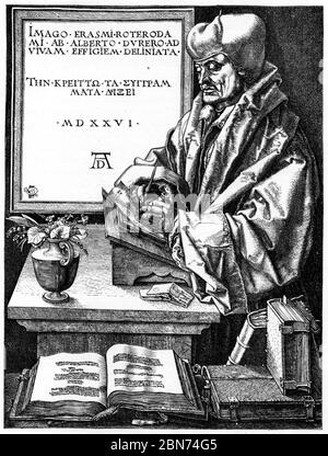 Ritratto di Erasmus, 1526. Di Albrecht Dürer (1471-1528). Dissiderius Erasmus Roterodamus (1466-1536), noto come Erasmus o Erasmus di Rotterdam, è stato un filosofo e studioso cristiano olandese considerato uno dei più grandi studiosi del Rinascimento settentrionale. Foto Stock