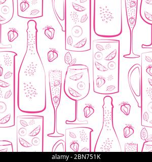 Spumante vettore di sfondo senza cuciture pattern. Bottiglie, bicchieri e fragole disegnate a mano rosa sfondo bianco. Elegante monocromatico Illustrazione Vettoriale