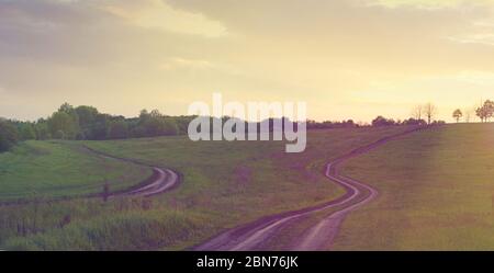 Due strade sterrate tra prati con cespugli e alberi in lontananza al tramonto Foto Stock