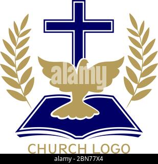 Logo della Chiesa, simbolo del cristianesimo, della croce , colomba e Vangelo, Scrittura, illustrazione vettoriale. Illustrazione Vettoriale