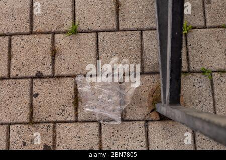 guanti monouso in plastica usati su ghiandri, rifiuti, ambiente Foto Stock