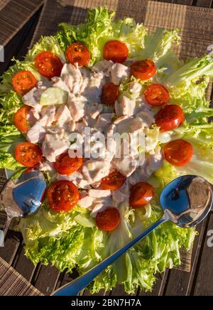 Primo piano di insalata estiva servita all'aperto con lattuga alla Frisée, pomodori ciliegini e salmone in maionese Foto Stock