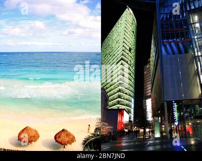 Città e cultura contro Spiaggia e natura - Donna sulla spiaggia dei Caraibi contro i grattacieli della città Foto Stock