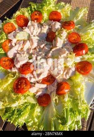 Primo piano di insalata estiva servita all'aperto con lattuga alla Frisée, pomodori ciliegini e salmone in maionese Foto Stock