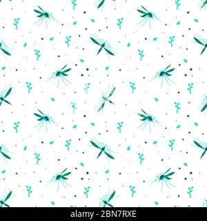 Zanzare con motivo senza cuciture su sfondo bianco. Natura sfondo bosco. Illustrazione vettoriale piatta. Illustrazione Vettoriale
