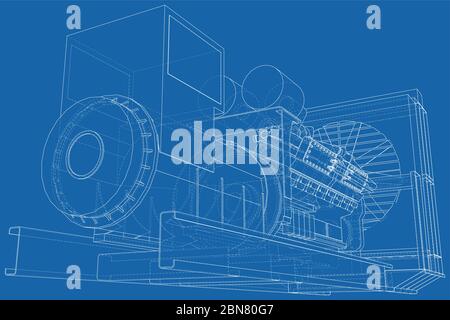 Motore a gas. Il motore a gas è un motore a combustione interna che funziona con un carburante a gas. Linea wire-frame isolata su bianco. Rendering vettoriale di 3d. Illustrazione Vettoriale