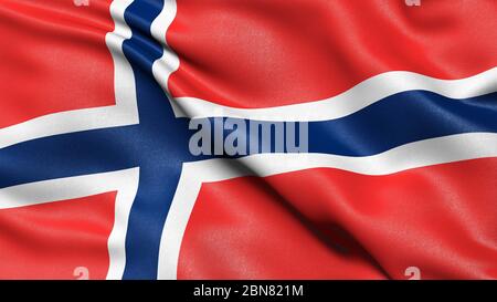 Illustrazione 3D della bandiera della Norvegia che ondeggiava nel vento. Foto Stock