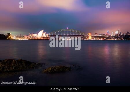 Teatro dell'Opera e Harbour Bridge da Sydney, Australia Foto Stock