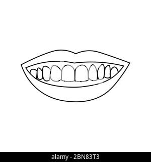 Labbra sorridenti con denti. Contorno nero su sfondo bianco. L'illustrazione vettoriale può essere utilizzata in biglietti d'auguri, poster, volantini, banner, promozioni, inviti, ecc. EPS10 Illustrazione Vettoriale
