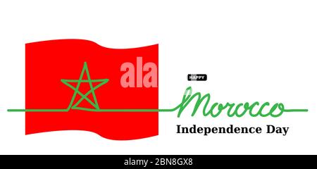 Marocco Independence Day banner vettoriale, sfondo. Un disegno e una scritta a linea continua. Bandiera vettoriale del Marocco, banner, poster, sfondo Illustrazione Vettoriale