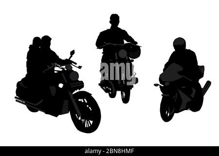 Silhouette per motociclisti isolata su sfondo bianco. Motociclista che guida una motocicletta. Indipendenza dalla libertà. Piloti su moto. Vettore di stock Illustrazione Vettoriale