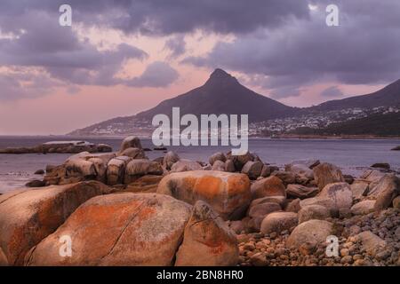 Vista panoramica sui massi marini verso la vetta del Lion's Head, Camps Bay e Clifton al tramonto, Città del Capo, Sud Africa Foto Stock