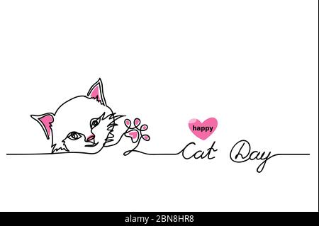Sfondo vettoriale Happy Cat Day, banner, cartello. Un contorno di disegno a linea continua, con scritta Cat Day Illustrazione Vettoriale