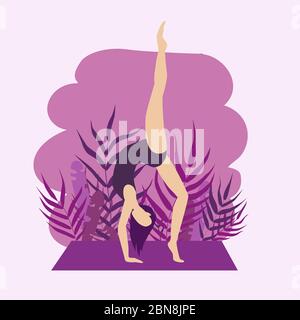 Illustrazione piatta della ragazza giovane che fa sport, yoga. Illustrazione piatta vettore isolato su sfondo rosa.UNA giovane donna pratica yoga. Illustrazione Vettoriale