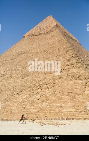 Cavalieri con cammelli, Piramide Khafre (sfondo), grandi Piramidi di Giza, Sito Patrimonio dell'Umanità dell'UNESCO, Giza, Egitto Foto Stock