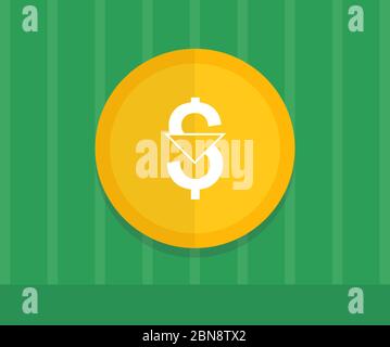 Icona del dollaro in giù. Segno di riduzione dei costi. Simbolo di denaro con freccia che si allunga verso il basso caduta. Riduzione del dollaro, caduta, illustrazione vettoriale. Illustrazione Vettoriale