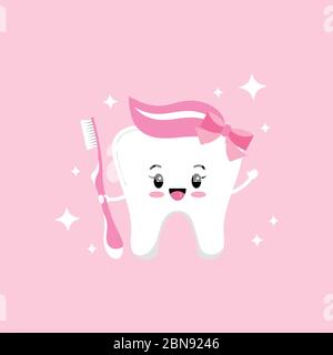 Cute dente emoji ragazza con dentino dentellare pasta e prua su testa e scintille. Illustrazione Vettoriale