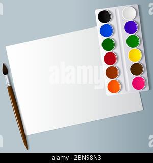 Disegno e creatività. Appliance artistiche sul desktop. Vernice ad acqua, pennelli e carta bianca. Vista dall'alto . Immagine di sfondo. Illustrazione Vettoriale