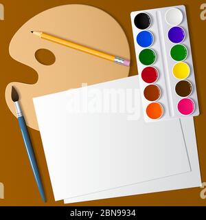 Disegno e creatività. Appliance artistiche sul desktop. Vernice ad acqua, pennelli e carta. Vista dall'alto . Immagine di sfondo. Vettore Illustrazione Vettoriale