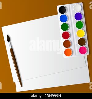 Disegno e creatività. Appliance artistiche sul desktop. Vernice ad acqua, pennelli e carta bianca. Vista dall'alto . Immagine di sfondo. Illustrazione Vettoriale