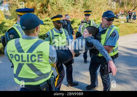 Giovane protesta femminile arrestata all'ingresso del Kinder Morgan Trans Mountain Pipeline Terminal, Burnaby, British Columbia, Canada. Foto Stock
