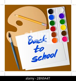 Ritorno a scuola. Set di strumenti per il disegno. Vernice ad acqua, pennello, matita, tavolozza, carta. Vettore Illustrazione Vettoriale