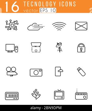 Technology 16 icone impostate con sfondo bianco Illustrazione Vettoriale